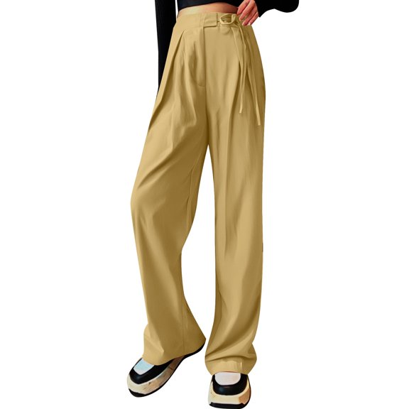 MIXUE Linen Pants Women Summer Solid Color Casual Tie Side High Waist Wide Leg Pockets Sweatpants Sportwear,Brown,S