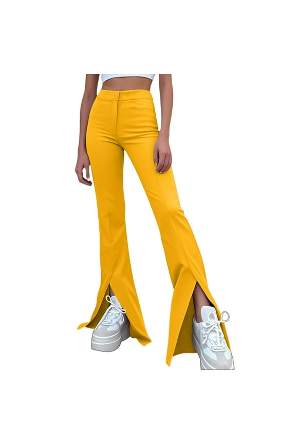 Linen Pants Women Summer Solid Color Denim Elastic High Waist With Pockets Casual Cargo Jeans Straight Leg Trousers Outwear,Yellow,L