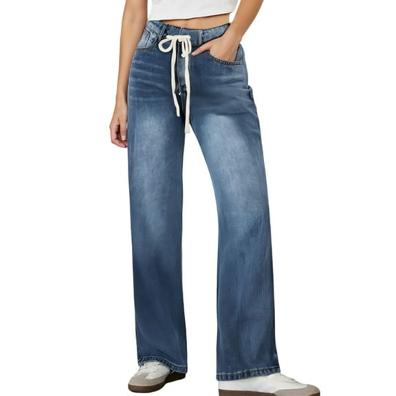 MIXUE Linen Pants Women Summer Solid Color Denim High Waist Drawstring Wide Leg Jeans Straight Leg Trousers Activewear,Blue,M