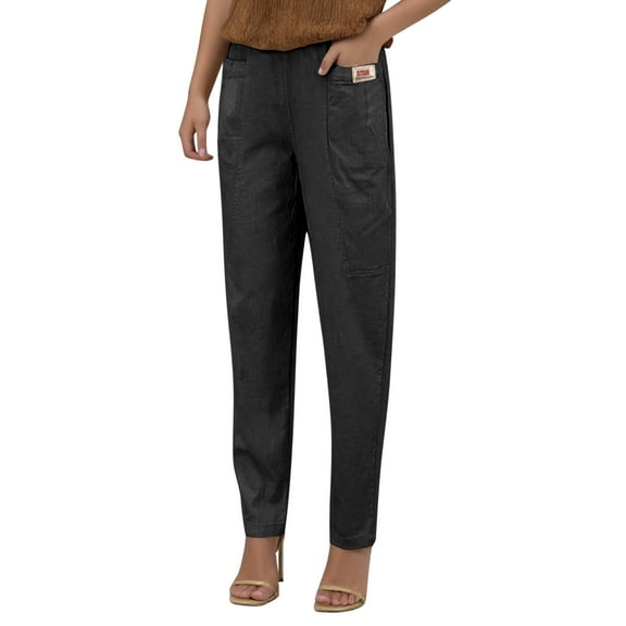 MIXUE Linen Pants Women Summer Solid Color Elastic Waist Relaxed Fit Straight Leg Casual Loose Sweatpants Activewear,Black,XXXXXL