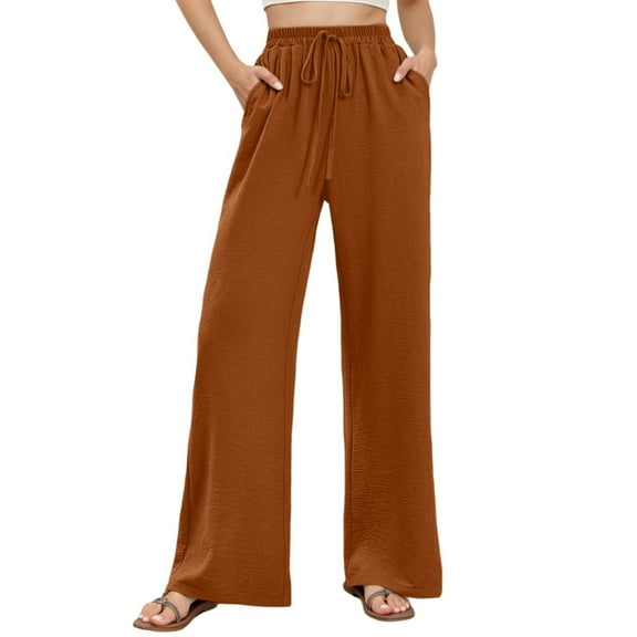 MIXUE Linen Pants Women Summer Solid Color High Waist Drawstring Pockets Casual Elegant Wide Leg Sweatpants Daily-Wear,Red,S