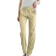 thumbnail image 1 of MIXUE Linen Pants Women Summer Solid Color High Waist Elastic Drawstring Lightweight Loose Fit Casual Pockets Straight Leg Sweatpants Holiday Wear,Beige,S, 1 of 7