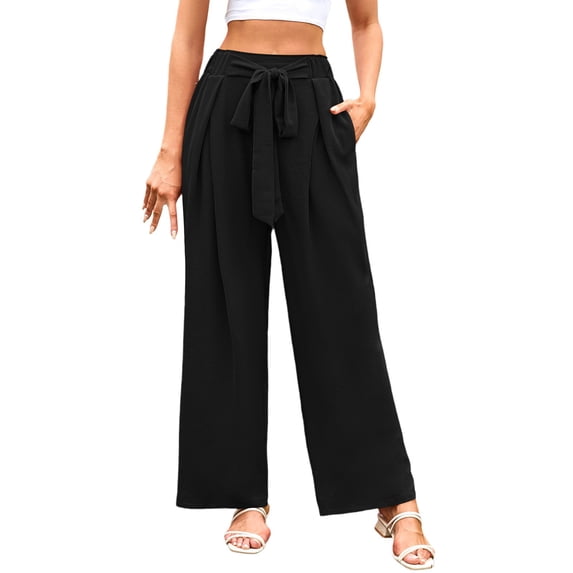 MIXUE Linen Pants Women Summer Solid Color Wide Leg Lace Up Loose Casual Trousers Holiday Wear,Black,XS
