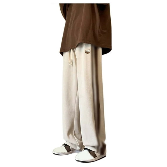 MIXUE Mens Cargo Pants Solid Color Drawstring Elastic Waist Loose Straight Leg Corduroy With Pockets Sweatpants for Men Daily-Wear,Beige,L