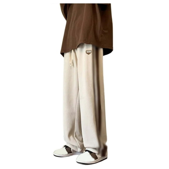 MIXUE Mens Cargo Pants Solid Color Drawstring Elastic Waist Loose Straight Leg Corduroy With Pockets Sweatpants for Men Streetwear,Beige,XXL
