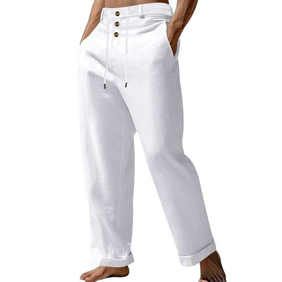 MIXUE Mens Cargo Pants Solid Color High Waist Linen Straight Leg Casual Beach With Tie Spring Autumn Sweatpants for Men Streetwear,White,M