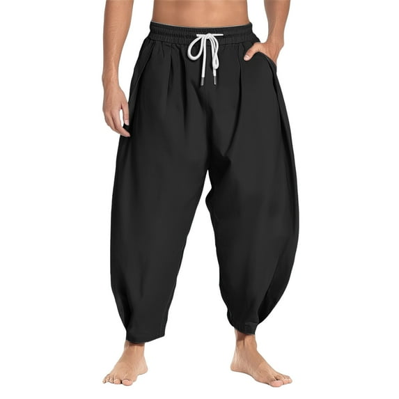 MIXUE Mens Cargo Pants Solid Color Male Casual Woven Wide Leg Pleated Pocket Drawstring Trouser Fashion Loose Trouser Sweatpants for Men Sportwear,Black,S