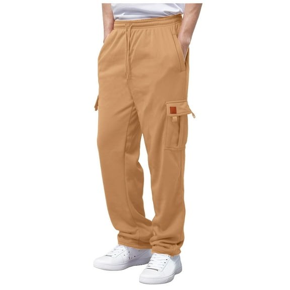 MIXUE Mens Cargo Pants Solid Color Male Fitness Running Trousers Drawstring Loose Waist Pocket Loose Sweatpants for Men Streetwear,Brown,XXXXXL