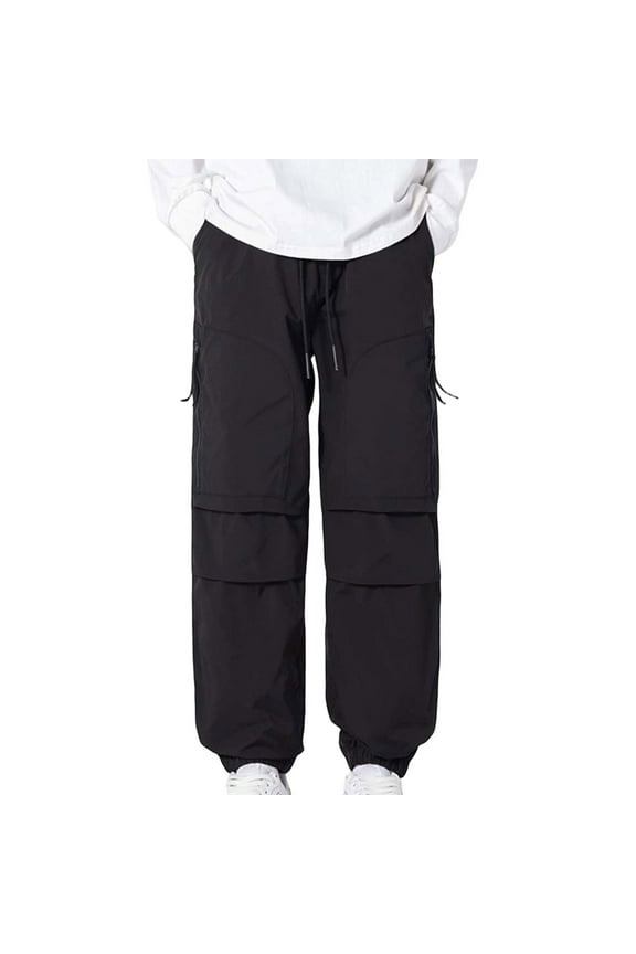 Mens Cargo Pants Solid Color Man Fashion Trend Pleated Straight Leather Sweatpants for Men Outwear,Black,XXXL