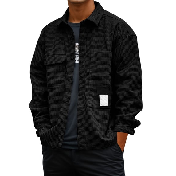 MIXUE Mens Casual Button Down Shirts Autumn Winter Solid Color Lapel Long Sleeve Loose Casual Retro Shirt Tops Daily-Wear,Black,XL