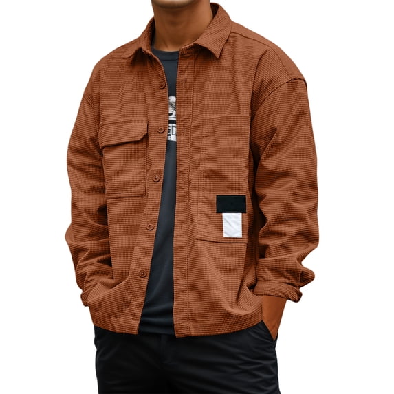 MIXUE Mens Casual Button Down Shirts Autumn Winter Solid Color Lapel Long Sleeve Loose Casual Retro Shirt Tops Holiday Wear,Orange,XXL