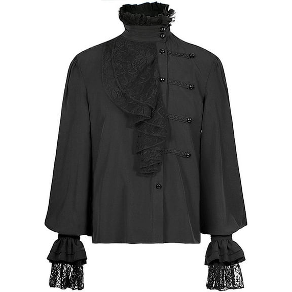 MIXUE Mens Casual Button Down Shirts Gothic Solid Color Ruffled Long Sleeve Loose Fit Casual Classic Shirt Tops Sportswear,Black,S