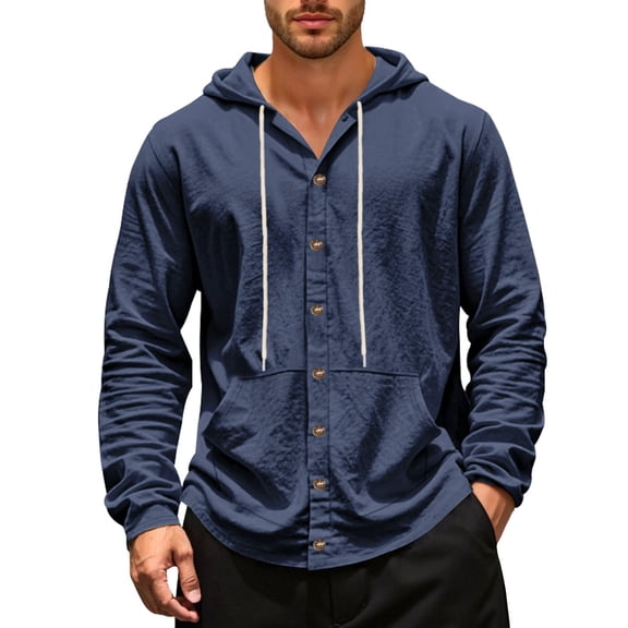 MIXUE Mens Casual Button Down Shirts Linen Solid Color Hooded Long Sleeve Loose Casual Beach Shirt Tops Outwear,Blue,XXL