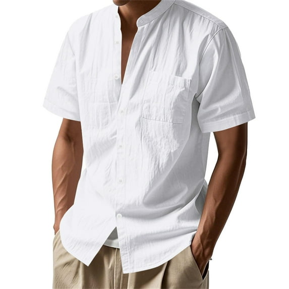 MIXUE Mens Casual Button Down Shirts Linen Solid Color Stank Short Sleeve Casual Beach Shirt Tops Daily-Wear,White,XXXL