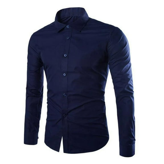 MIXUE Mens Casual Button Down Shirts Solid Color Lapel Long Sleeve Slim Fit Casual Business Dress Formal Shirt Tops Activewear,Blue,L