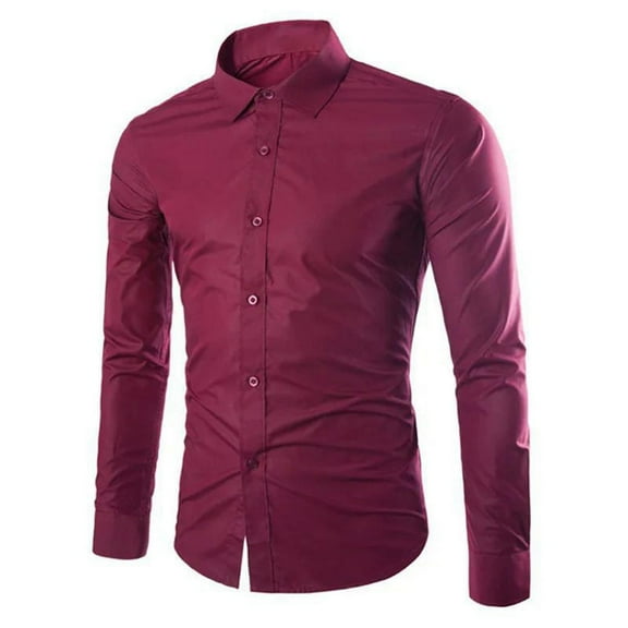 MIXUE Mens Casual Button Down Shirts Solid Color Lapel Long Sleeve Slim Fit Casual Business Dress Formal Shirt Tops Activewear,Red,XXL