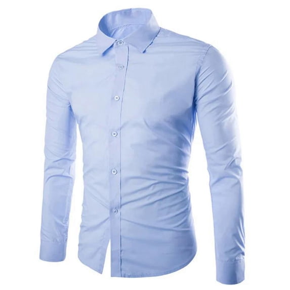 MIXUE Mens Casual Button Down Shirts Solid Color Lapel Long Sleeve Slim Fit Casual Business Dress Formal Shirt Tops Daily-Wear,Blue,XXL