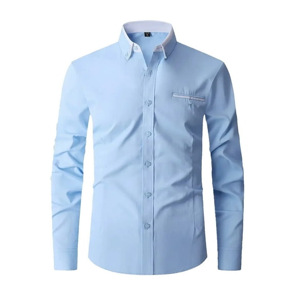 MIXUE Mens Casual Button Down Shirts Solid Color Lapel Long Sleeve With Pocket Stylish Lightweight Comfortable Shirt Tops Sportswear,Blue,M