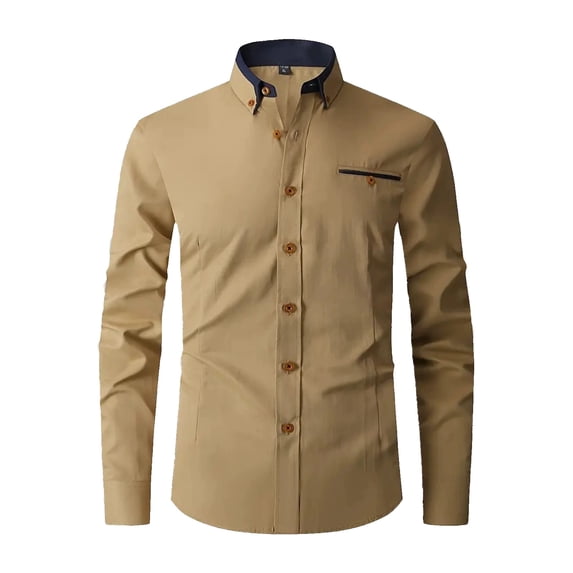 MIXUE Mens Casual Button Down Shirts Solid Color Lapel Long Sleeve With Pocket Stylish Lightweight Comfortable Shirt Tops Sportswear,Brown,M