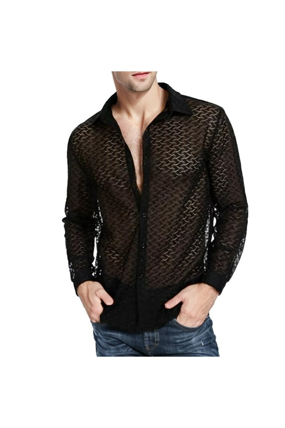 Mens Casual Button Down Shirts Solid Color Lapel Sexy Hollow Out Mesh Long Sleeve Loose Style Shirt Tops Streetwear,Black,L