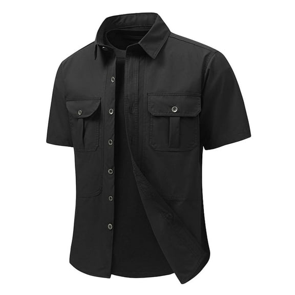 MIXUE Mens Casual Button Down Shirts Solid Color Lapel Short Sleeve Casual Fashion Shirt Tops Activewear,Black,XXXL