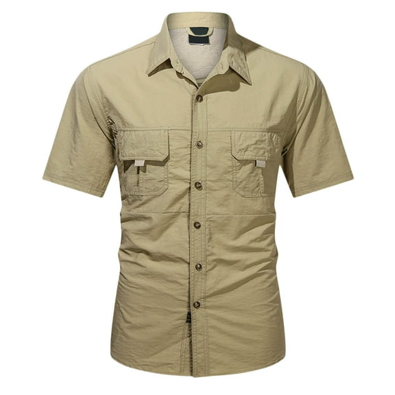 MIXUE Mens Casual Button Down Shirts Solid Color Lapel Short Sleeve Pockets Slim Fit Casual Shirt Tops Holiday Wear,Brown,XL