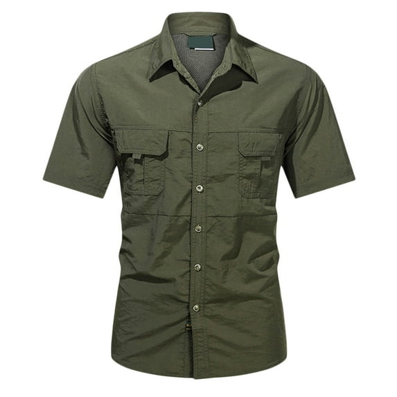 MIXUE Mens Casual Button Down Shirts Solid Color Lapel Short Sleeve Pockets Slim Fit Casual Shirt Tops Sportswear,Green,XXL