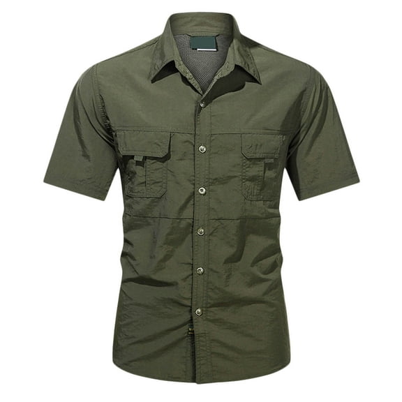 MIXUE Mens Casual Button Down Shirts Solid Color Lapel Short Sleeve Pockets Slim Fit Casual Shirt Tops Sportswear,Green,XXL