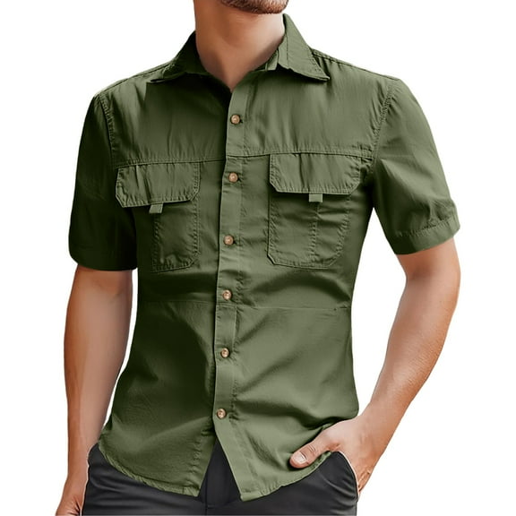 MIXUE Mens Casual Button Down Shirts Solid Color Lapel Short Sleeve Slim Fit Casual Dress Shirt Tops Outwear,Green,L