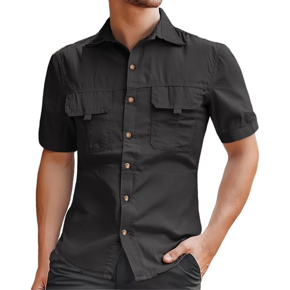 MIXUE Mens Casual Button Down Shirts Solid Color Lapel Short Sleeve Slim Fit Casual Dress Shirt Tops Sportswear,Black,XL