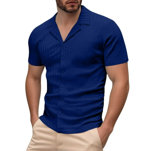 MIXUE Mens Casual Button Down Shirts Solid Color Lapel Spring Summer Fashion Breathable Cardigan Short Sleeve Shirt Tops Holiday Wear,Blue,S