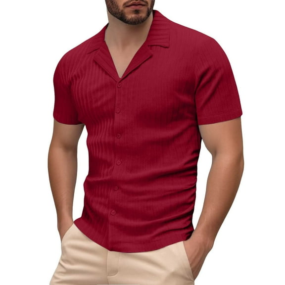 MIXUE Mens Casual Button Down Shirts Solid Color Lapel Spring Summer Fashion Breathable Cardigan Short Sleeve Shirt Tops Holiday Wear,Red,S