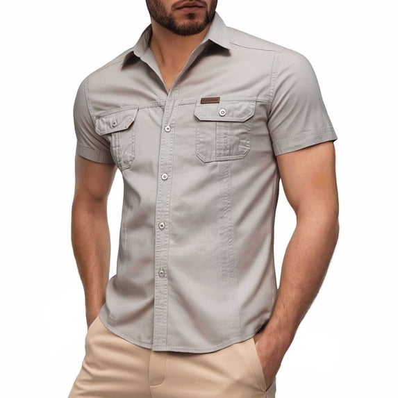 MIXUE Mens Casual Button Down Shirts Solid Color Lapel Summer Fashion Business Cargo Short Sleeve Shirt Tops Sportswear,Bronze,XXXL