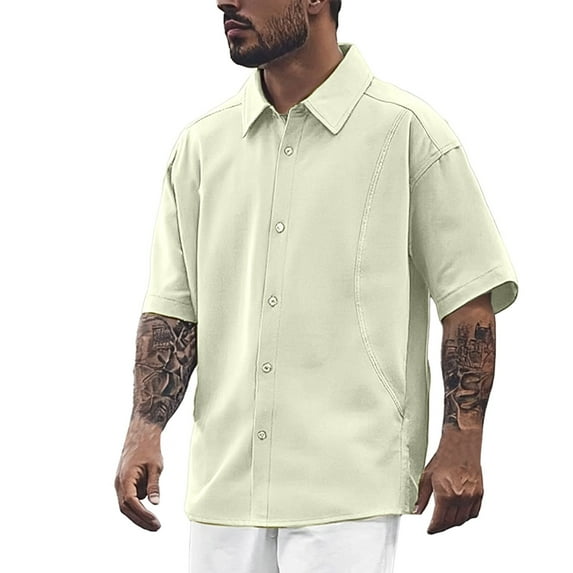 MIXUE Mens Casual Button Down Shirts Solid Color Lapel Summer Short Sleeve Shirt Tops Outwear,Yellow,XXL
