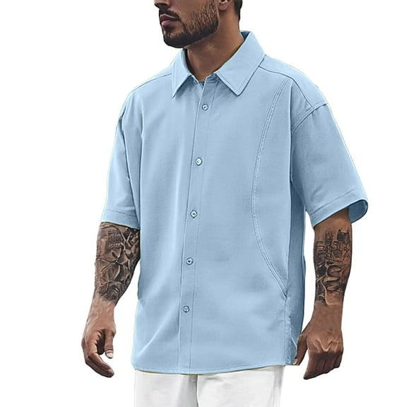 MIXUE Mens Casual Button Down Shirts Solid Color Lapel Summer Short Sleeve Shirt Tops Streetwear,Blue,XXL