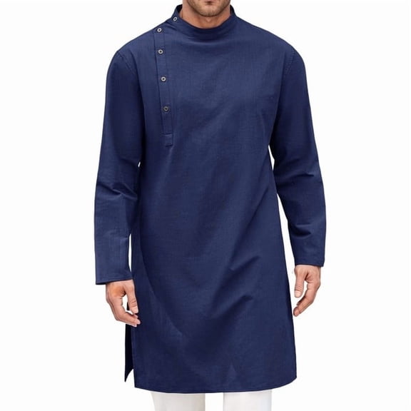 MIXUE Mens Casual Button Down Shirts Solid Color Round Neck Long Sleeve Loose Fit Casual Shirt Tops Outwear,Blue,XL