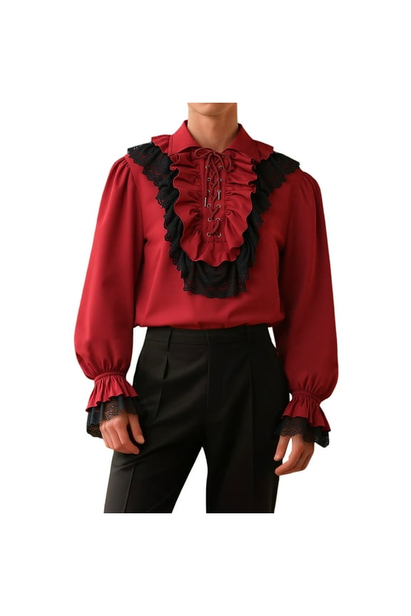Mens Casual Button Down Shirts Solid Color Ruffled Lapel Long Sleeve Slim Formal Dress Shirt Tops Streetwear,Red,L
