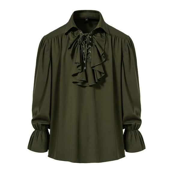 MIXUE Mens Casual Button Down Shirts Solid Color Ruffled Long Sleeve Loose Fit Casual Shirt Tops Streetwear,Green,S