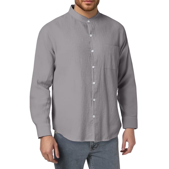 MIXUE Mens Casual Button Down Shirts Solid Color Spring Autumn Fashion Linen Long Sleeve Stank Breathable Pocket Shirt Tops Daily-Wear,Gray,XL
