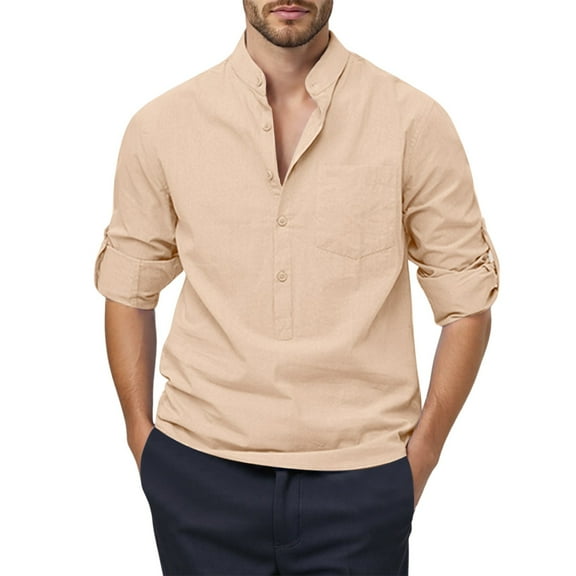 MIXUE Mens Casual Button Down Shirts Solid Color Stank Long Sleeve Loose Casual Shirt Tops Daily-Wear,Beige,XXXL