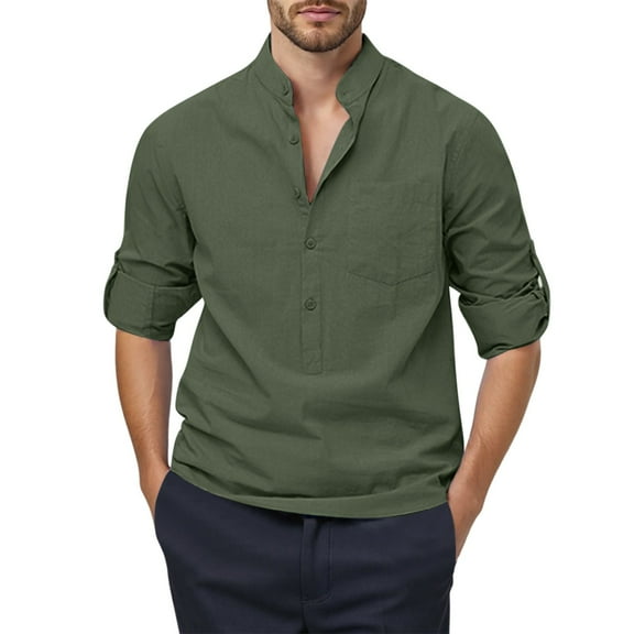 MIXUE Mens Casual Button Down Shirts Solid Color Stank Long Sleeve Loose Casual Shirt Tops Daily-Wear,Green,XXXL