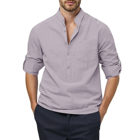 MIXUE Mens Casual Button Down Shirts Solid Color Stank Long Sleeve Loose Casual Shirt Tops Holiday Wear,Red,S