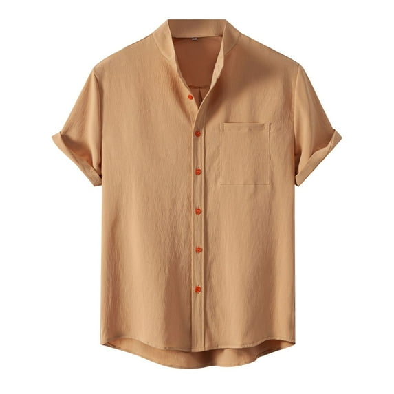 MIXUE Mens Casual Button Down Shirts Solid Color Stank Short Sleeve Cardigan Shirt Tops Sportswear,Brown,XXXL