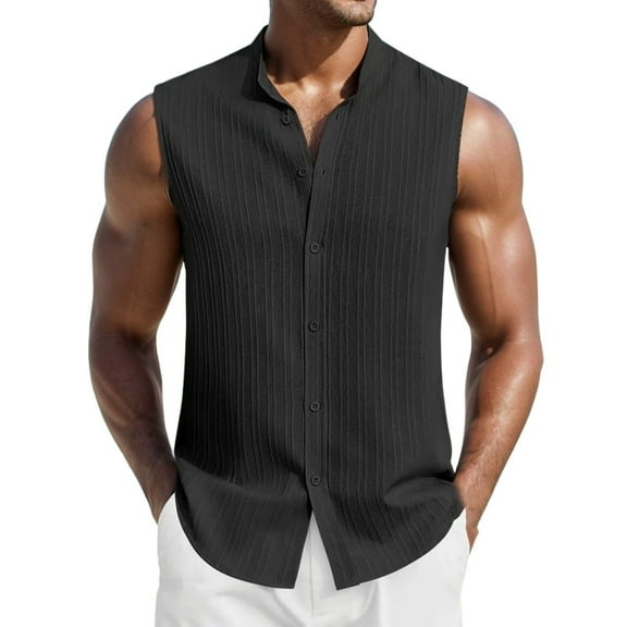 MIXUE Mens Casual Button Down Shirts Solid Color Stank Sleeveless Sports Casual Shirt Tops Activewear,Black,XL