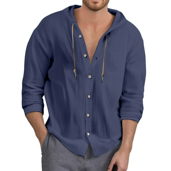 MIXUE Mens Casual Button Down Shirts Solid Color Stylish Pocket Hooded Long Sleeve Comfortable Shirt Tops Holiday Wear,Blue,S