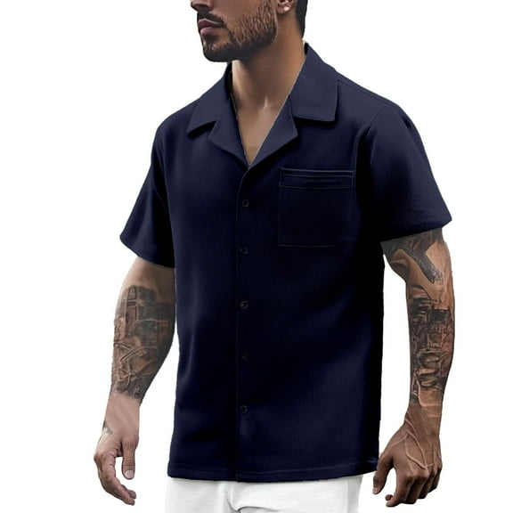 MIXUE Mens Casual Button Down Shirts Solid Color Summer Lapel Short Sleeve Fashion Shirt Tops Daily-Wear,Blue,XXXL