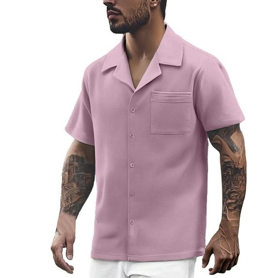 MIXUE Mens Casual Button Down Shirts Solid Color Summer Lapel Short Sleeve Fashion Shirt Tops Daily-Wear,Pink,L