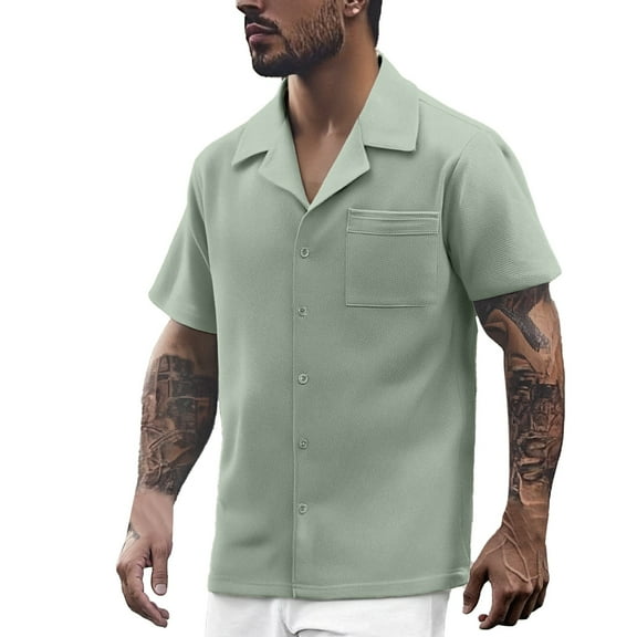MIXUE Mens Casual Button Down Shirts Solid Color Summer Lapel Short Sleeve Fashion Shirt Tops Holiday Wear,Green,S