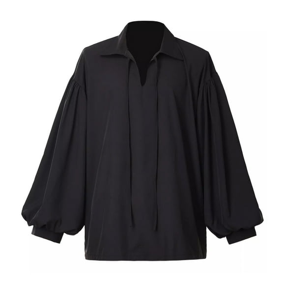 MIXUE Mens Casual Button Down Shirts Solid Color V Neck Drawstring Long Sleeve Loose Fit Casual Shirt Tops Holiday Wear,Black,XL