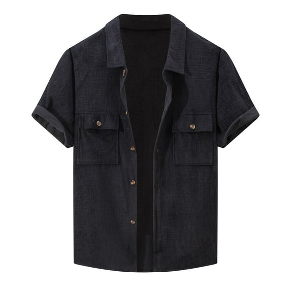 MIXUE Mens Casual Button Down Shirts Summer Corduroy Solid Color Lapel Short Sleeve Fashion Tops Sportswear,Black,XXL